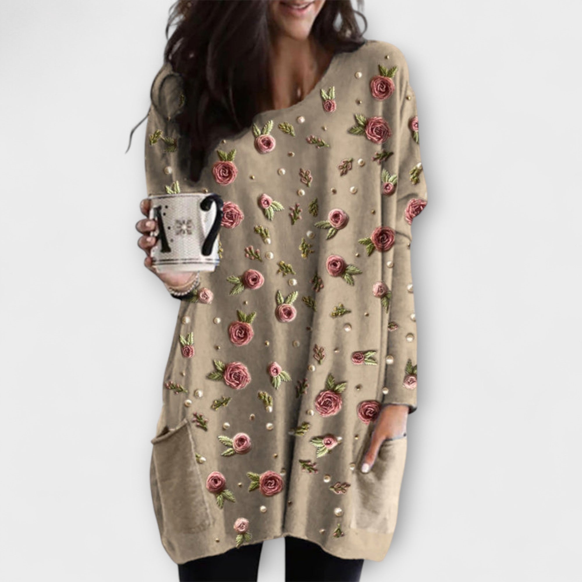 Sigrun - Beige Tunika med Rosmønster
