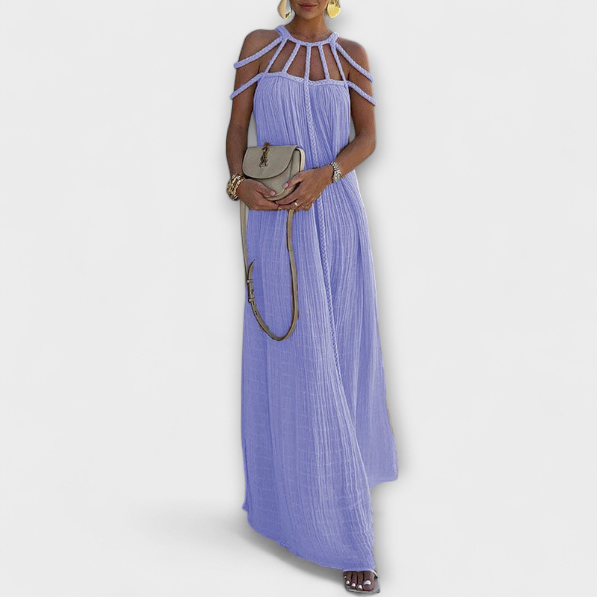 Bodil - Beige lang kjole med draperte fletter
