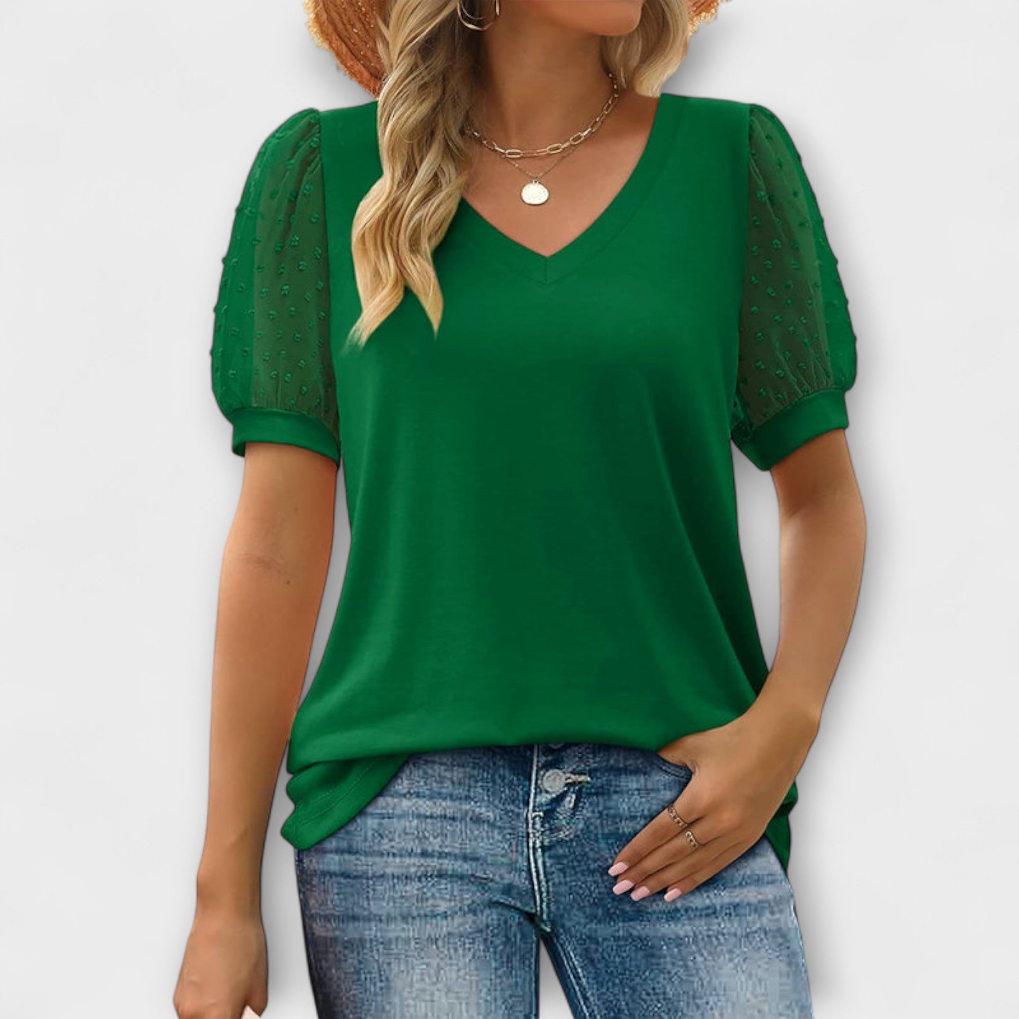 Tone - Hvit V-hals topp med transparente ermer