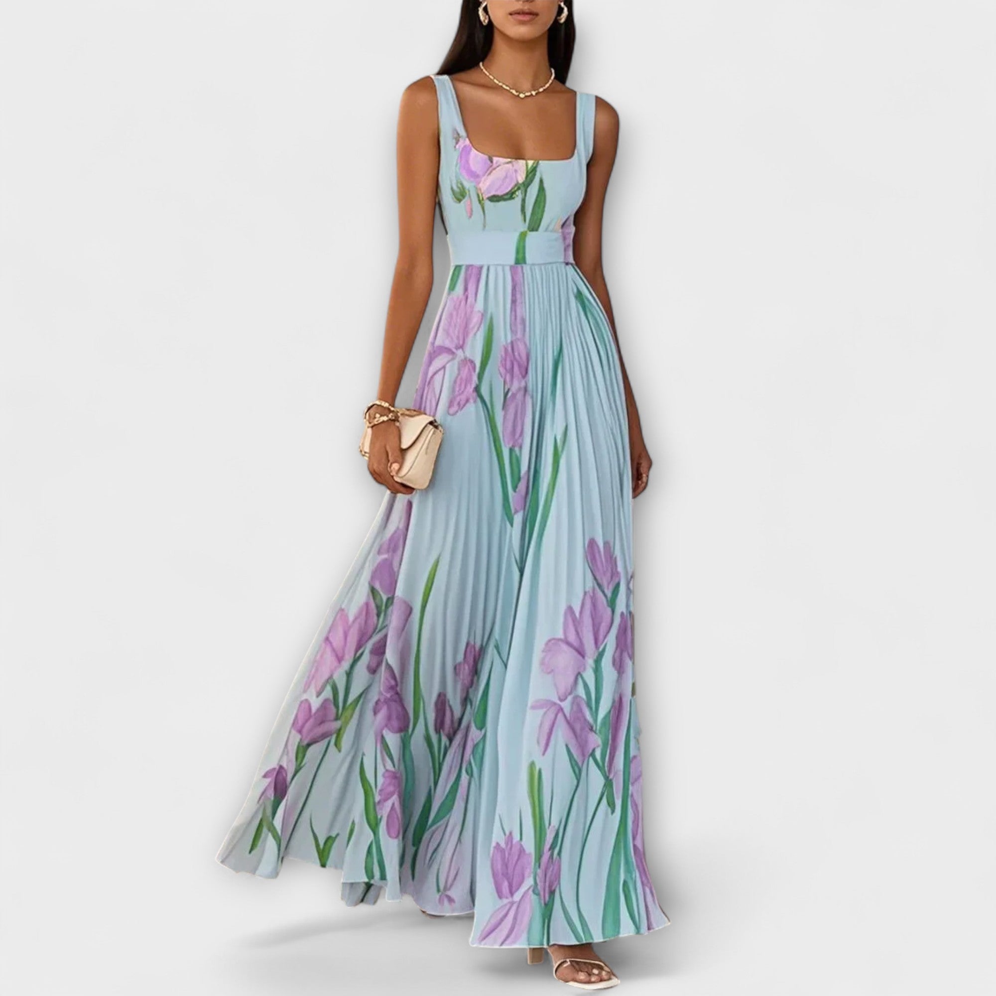Reidun - Faltete blomster Chiffon Lang kjole i Krem