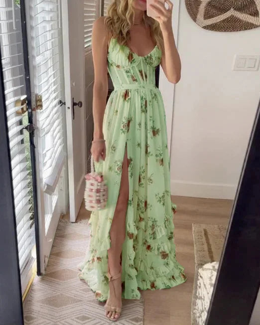 Ingeborg - Hvit knelang kjole med blomstermønster
