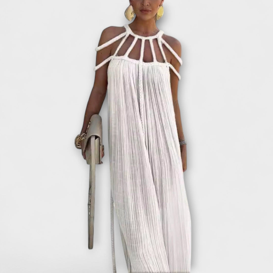 Bodil - Beige long dress with draped plaits