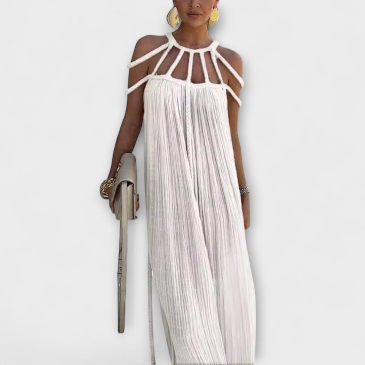 Bodil - Beige lang kjole med draperte fletter