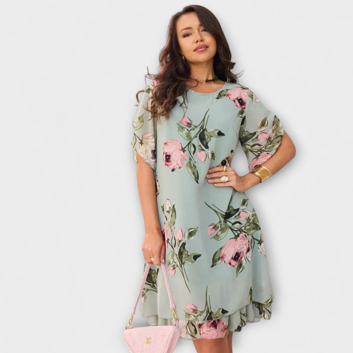 Helene - Svart chiffonkjole med blomstermønster