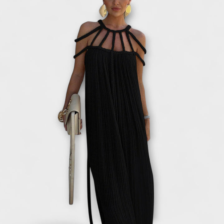 Bodil - Beige long dress with draped plaits