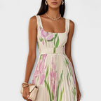 Else - Kremfarget chiffon lang kjole med blomster