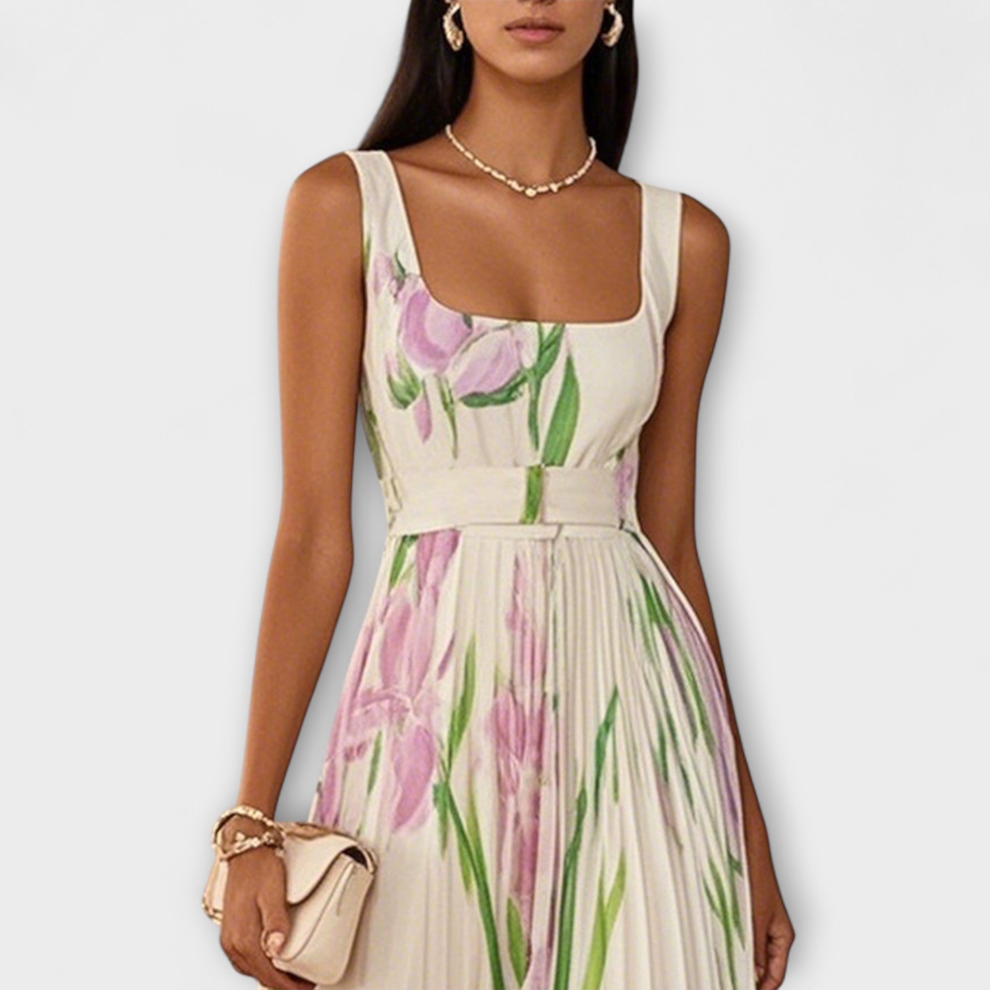 Else - Kremfarget chiffon lang kjole med blomster