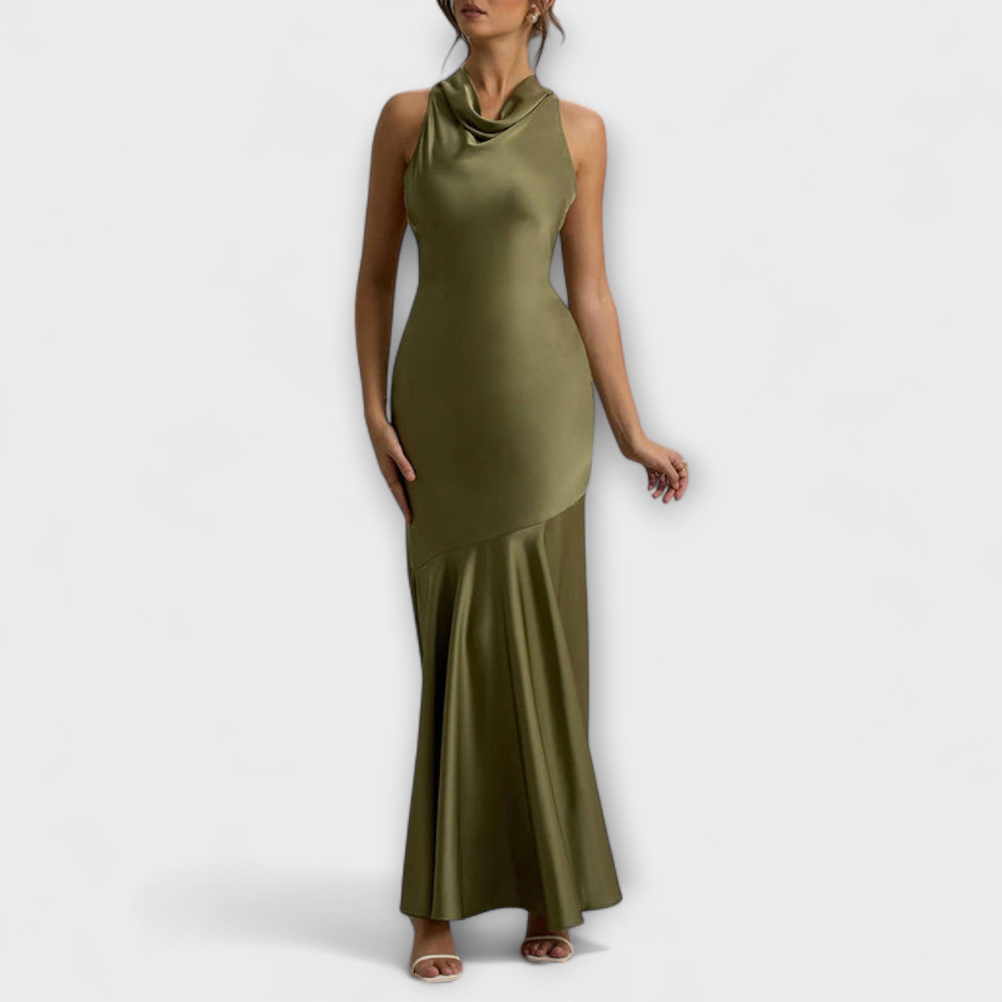Milla - Olivgrønt elegant sateng-lang kjole