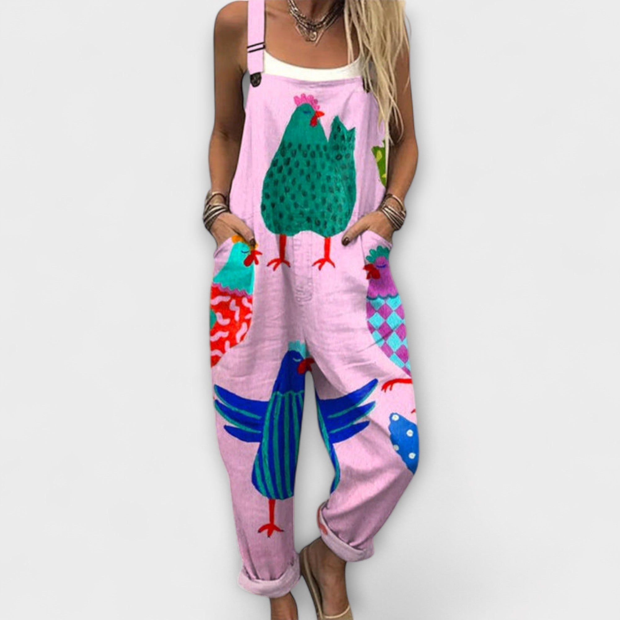 Frøydis - Rosa selebukse med Hønse- og Fuglemotiv