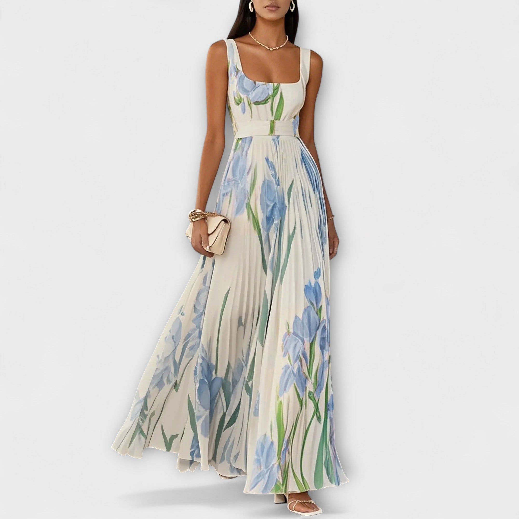 Else - Kremfarget chiffon lang kjole med blomster
