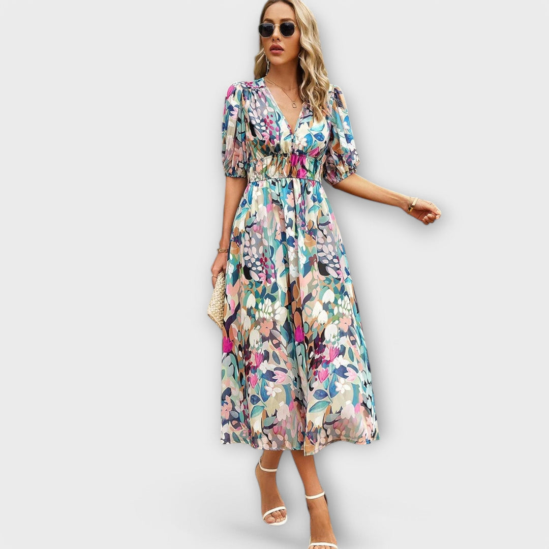 Idunn - Blue knee-length dress with floral pattern
