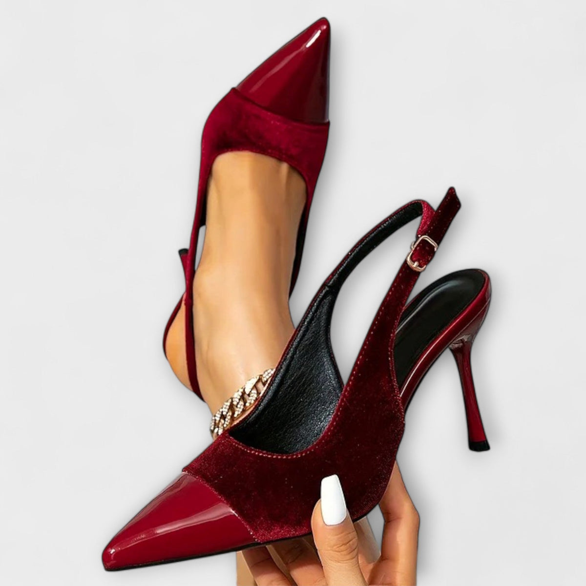 Julie - Fløyels lappemønster-hælrem-pumps