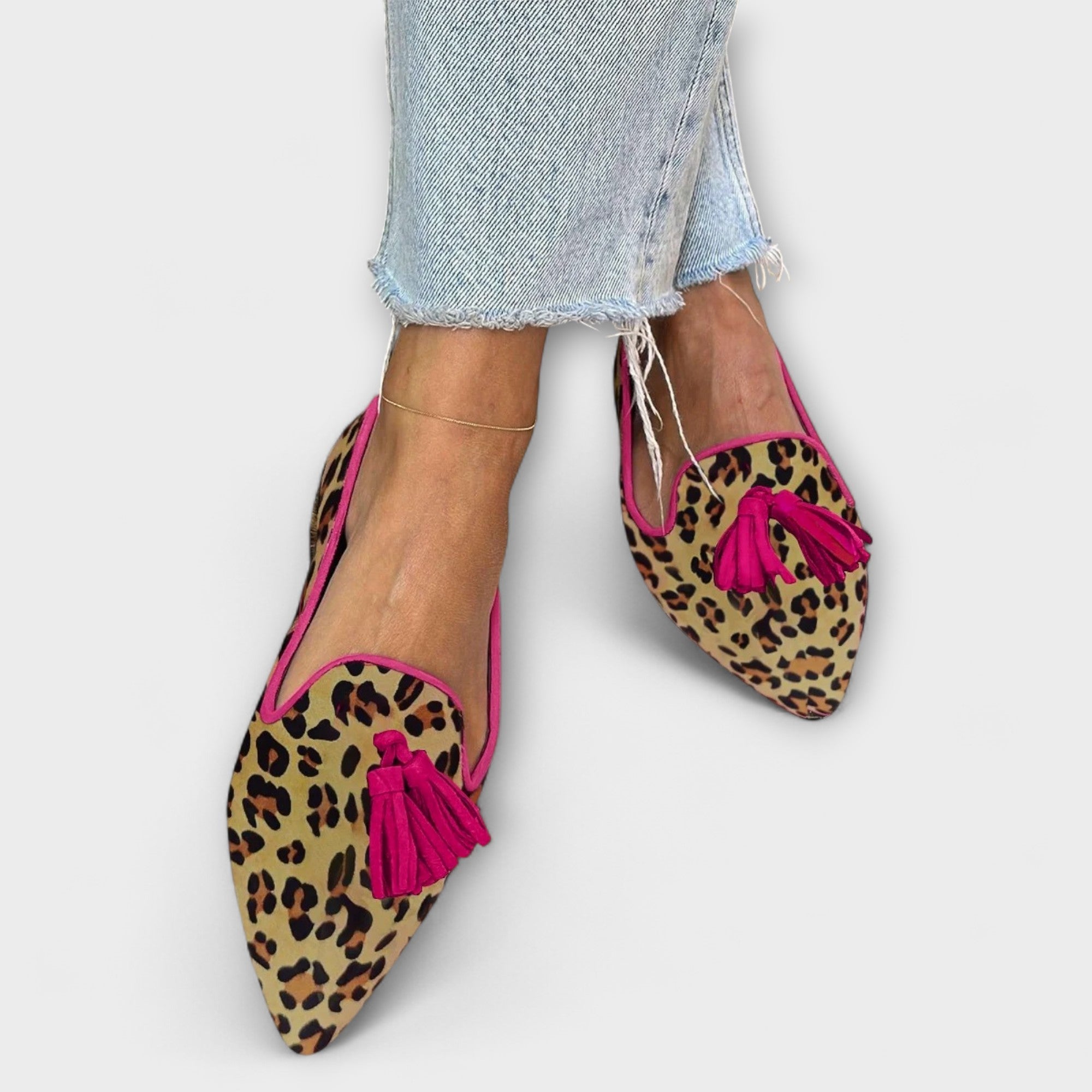 Camilla - Leopard-tøfler med frynser