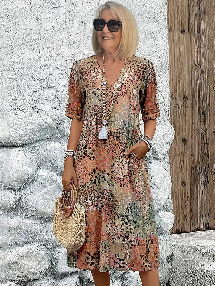 Anne - Rød knelang kjole med blomstermønster