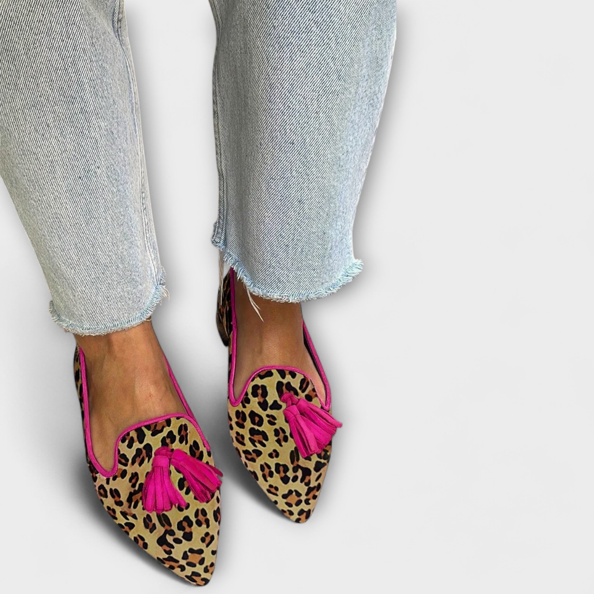 Camilla - Leopard-tøfler med frynser