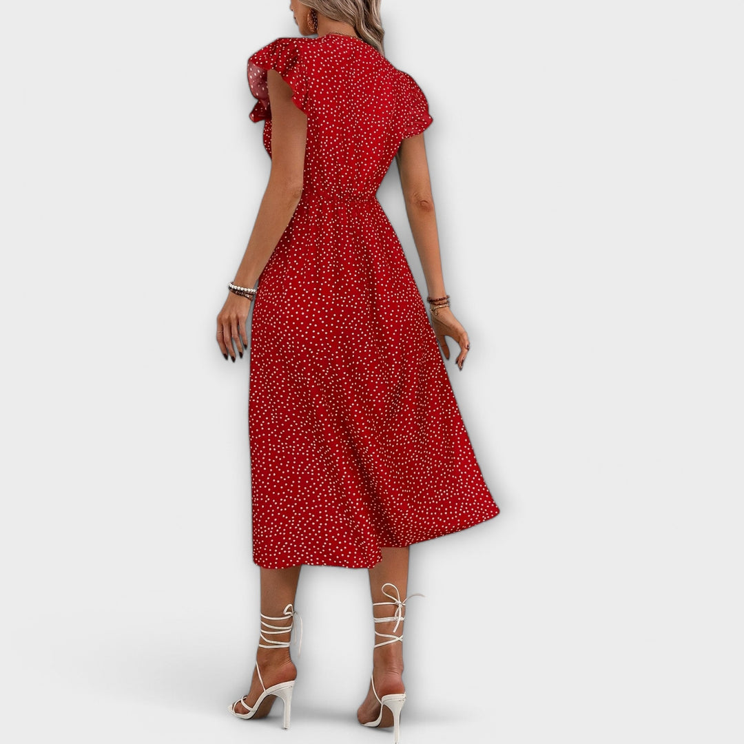 Oda - Chic red polka dot knee-length dress with button closure