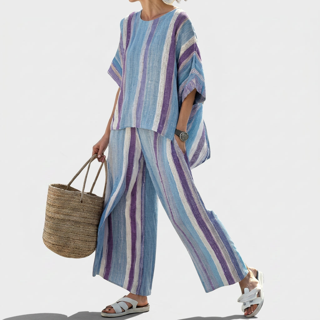 Trine - Blå-lilla stripet dress laget av lin