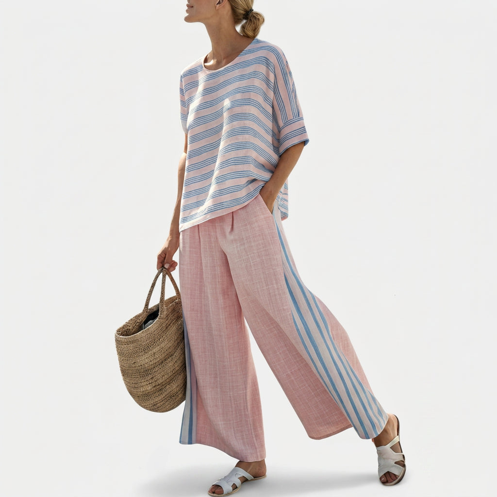 Astrid - Rosa sett i bambus-lin med striper