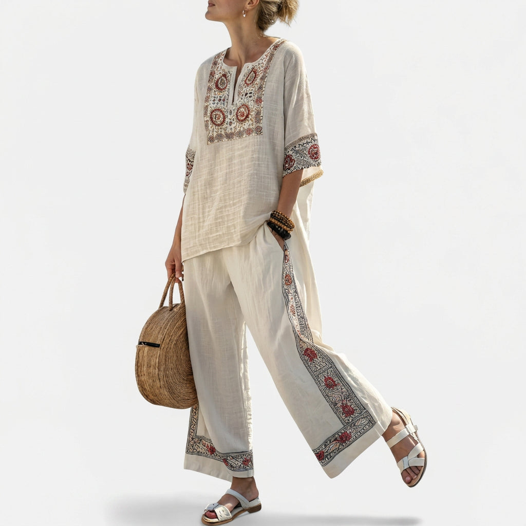 Anne - Beige middelhavssett med broderi