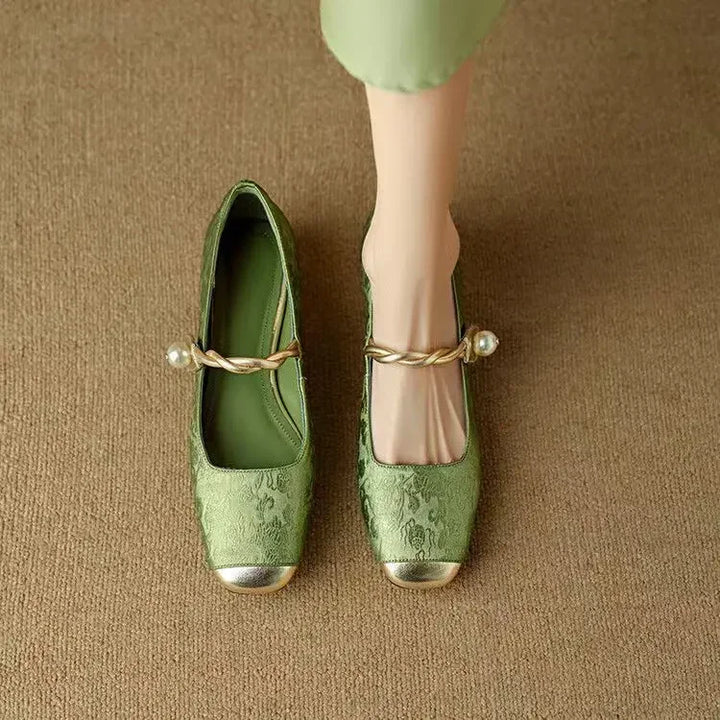 Oddny - Grüne Samt Mary Jane-Schuhe