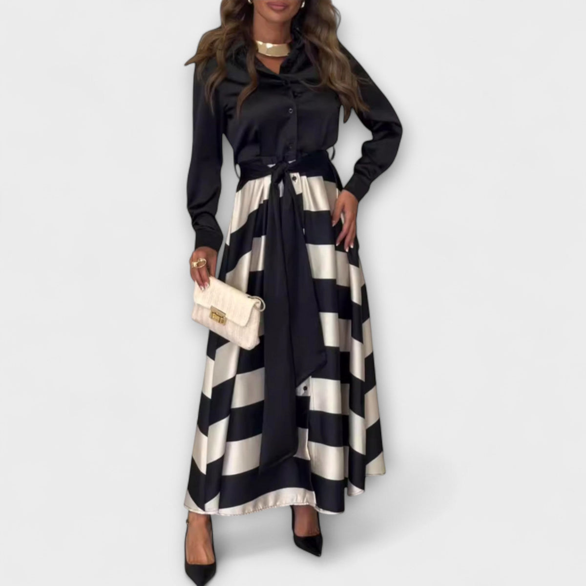 Andrea - Bordeaux-stripe Hemdblusenkjole med belte
