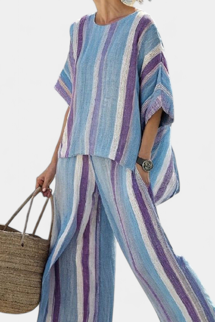 Trine - Blå-lilla stripet dress laget av lin