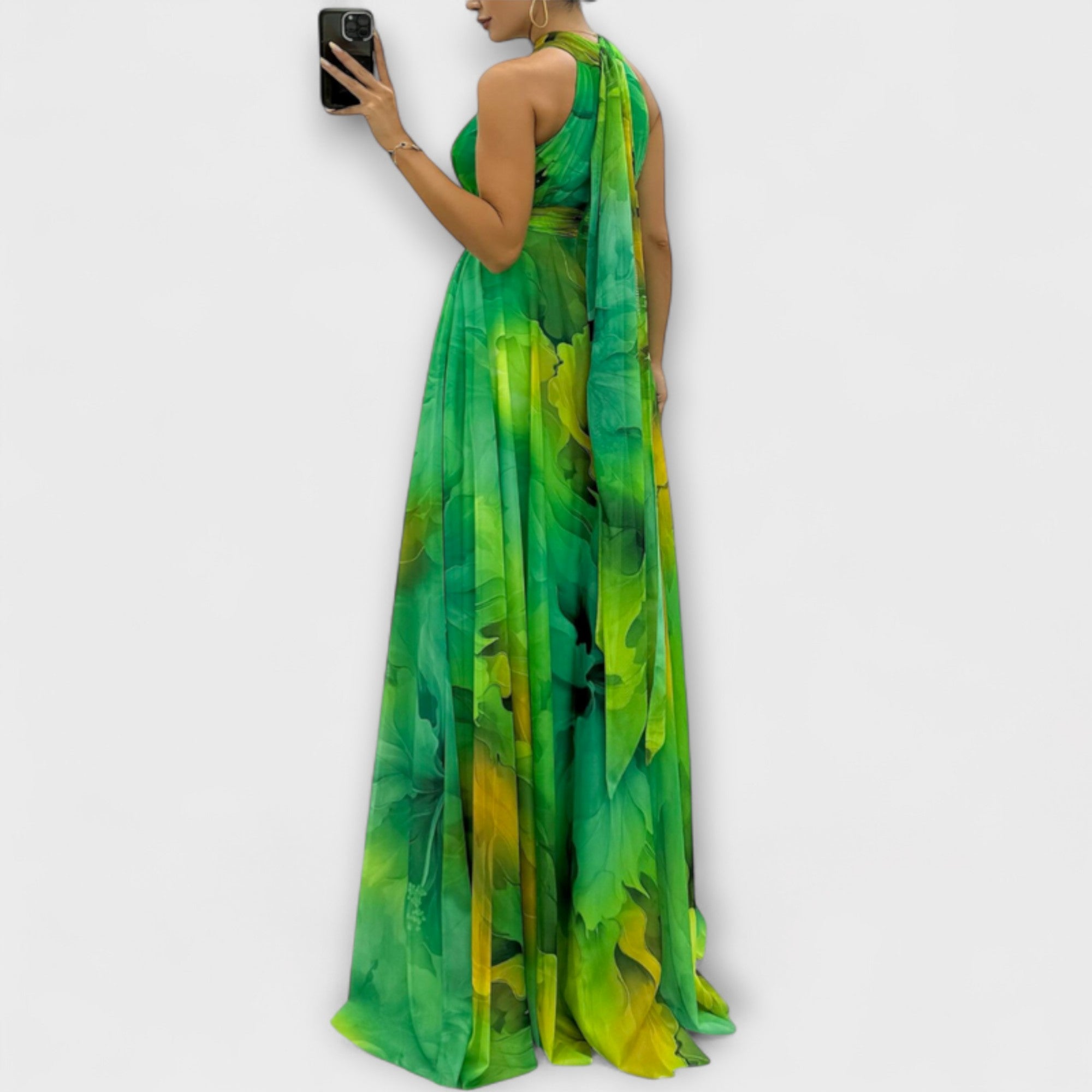 Hildborg - Rosa Chiffon lang kjole med Blomstermønster