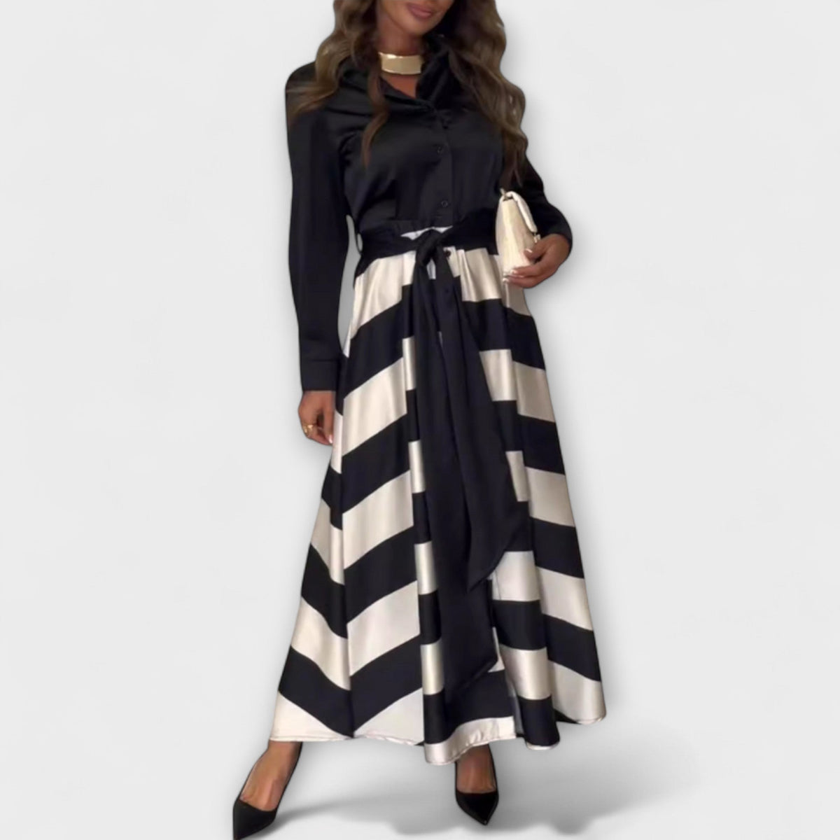 Andrea - Bordeaux-stripe Hemdblusenkjole med belte