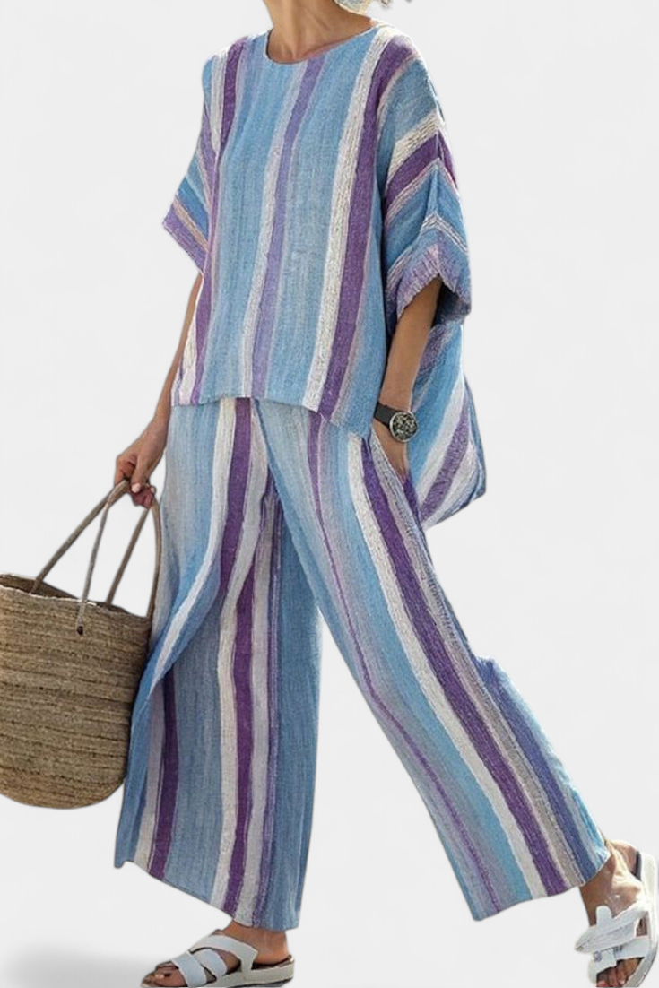 Trine - Blå-lilla stripet dress laget av lin