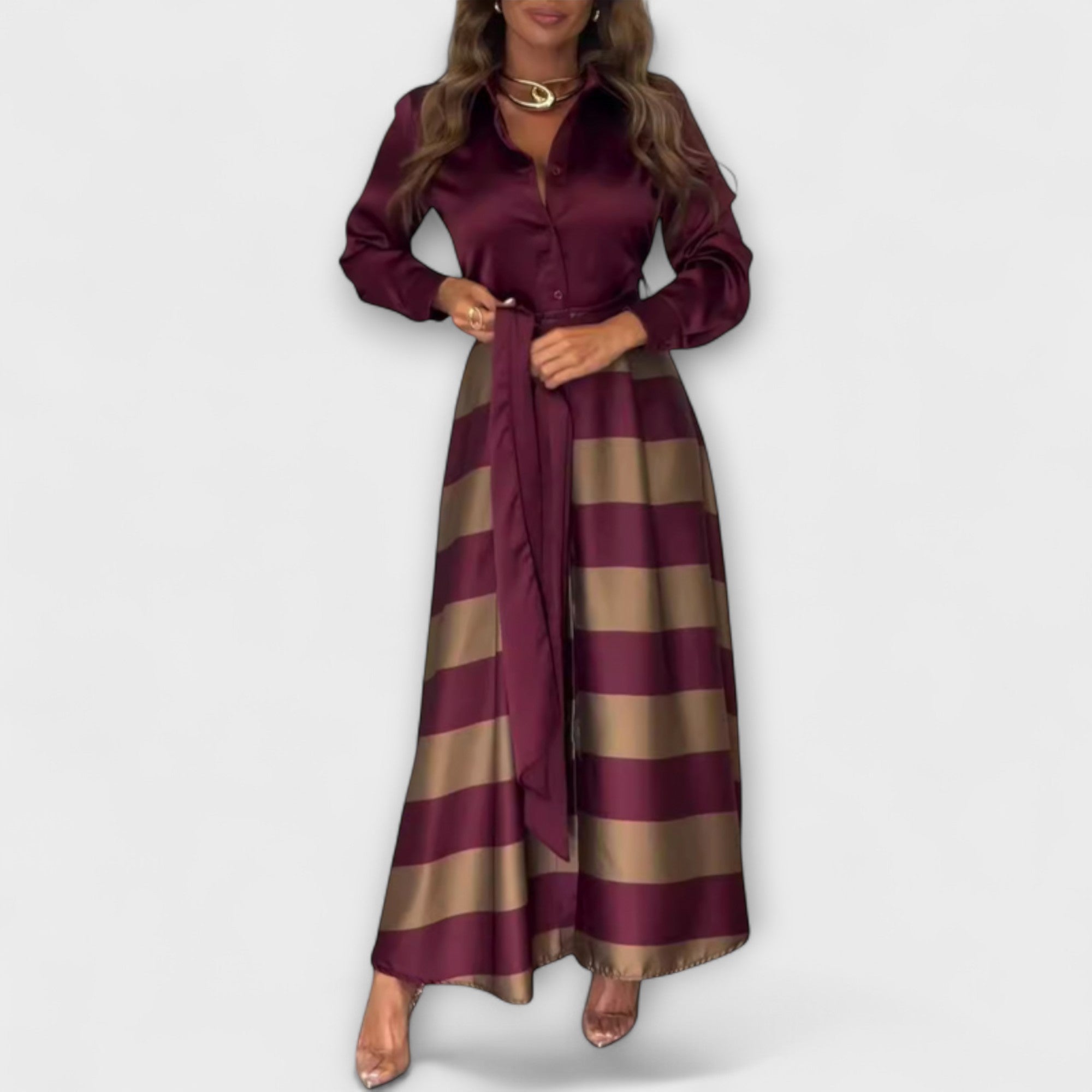 Andrea - Bordeaux-stripe Hemdblusenkjole med belte