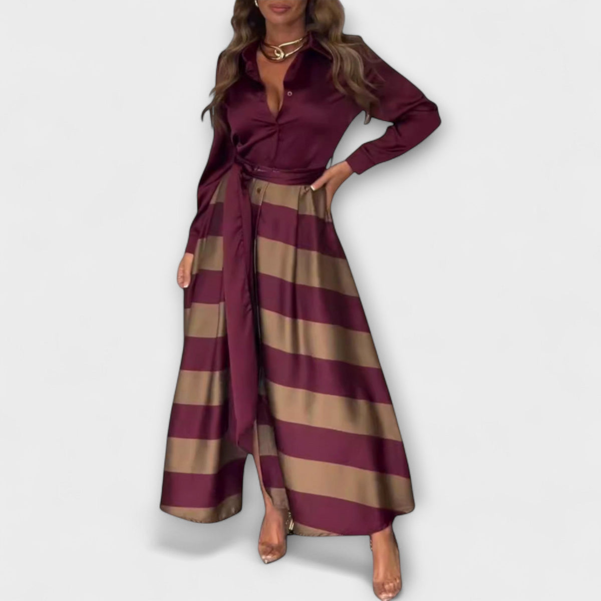 Andrea - Bordeaux-stripe Hemdblusenkjole med belte