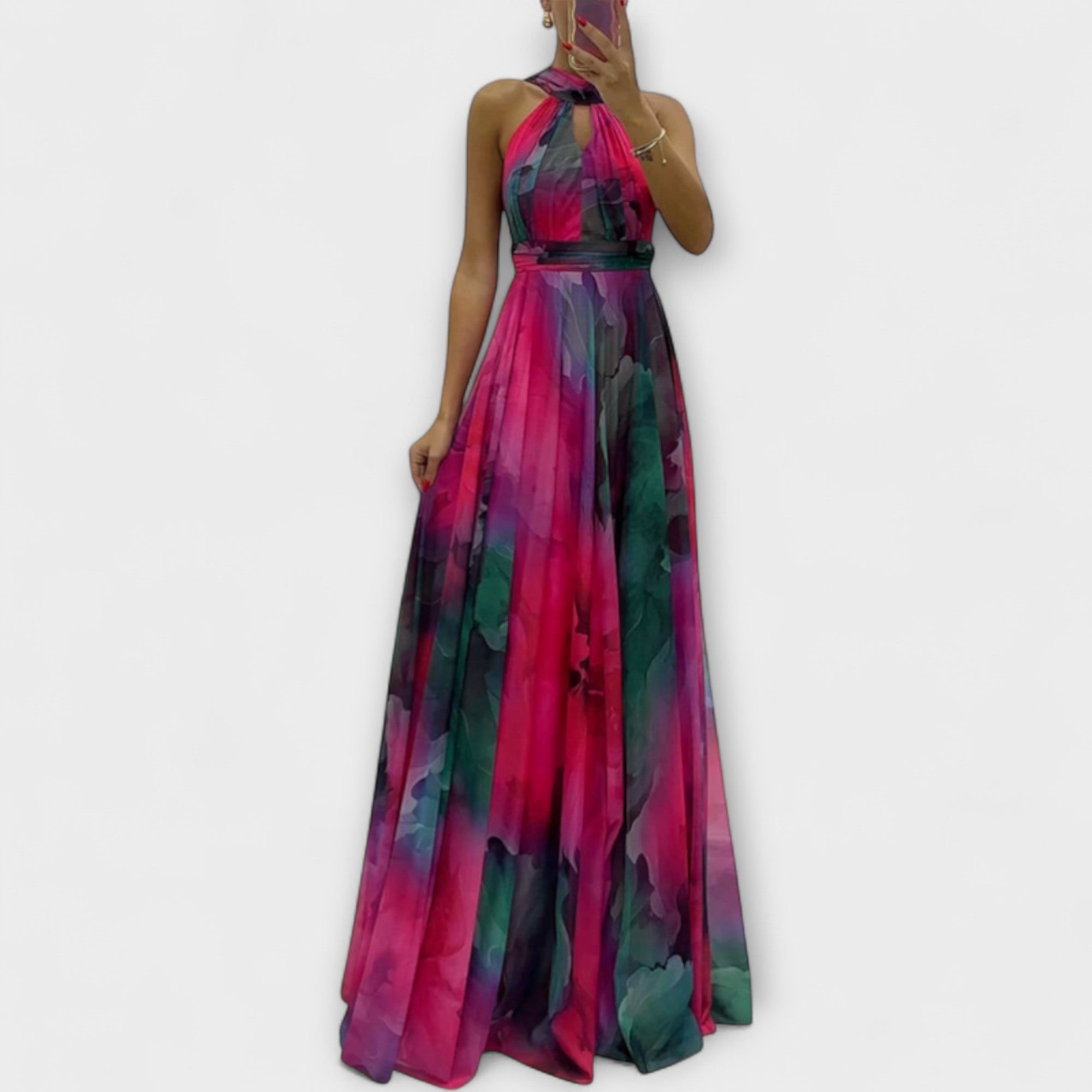 Hildborg - Rosa Chiffon lang kjole med Blomstermønster
