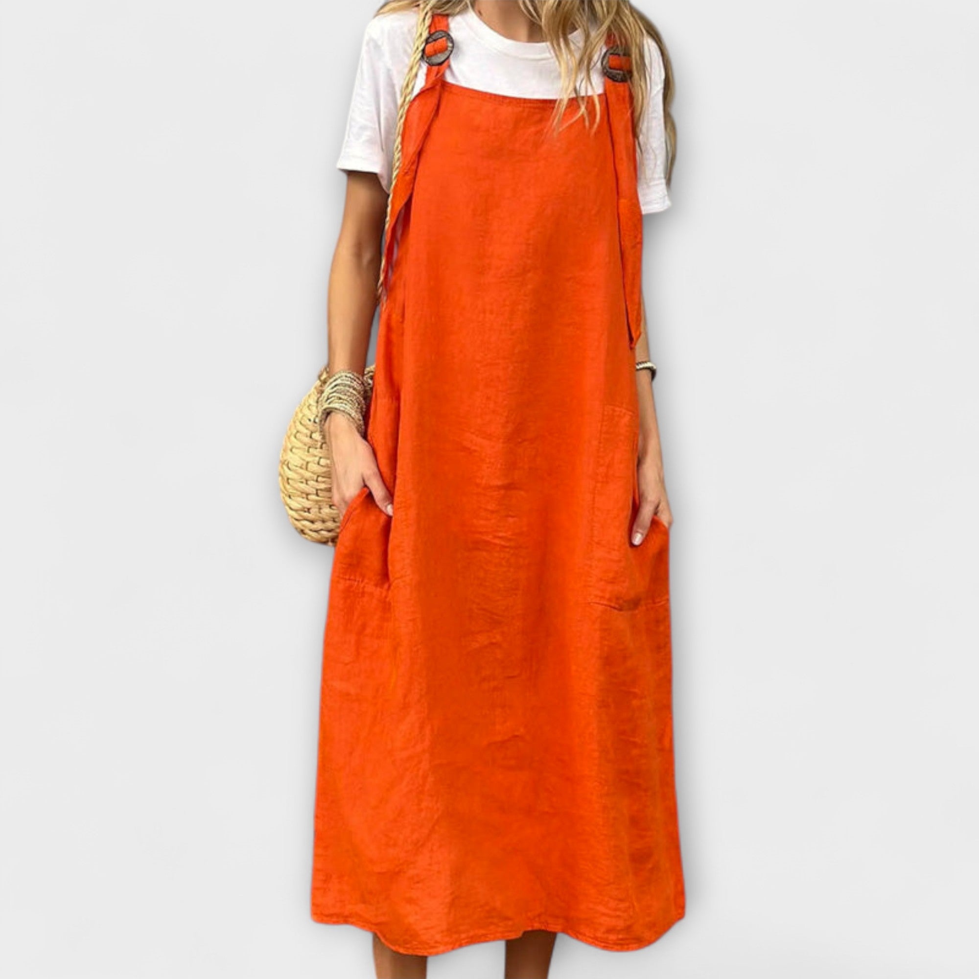 Silje - Oransje Leinen-Trägerkleid