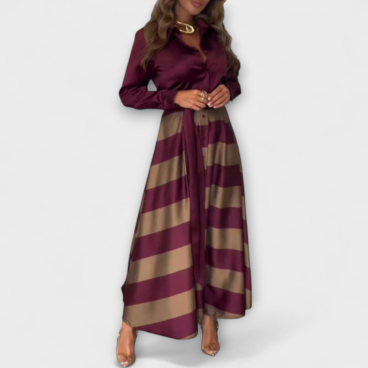 Andrea - Bordeaux-stripe Hemdblusenkjole med belte