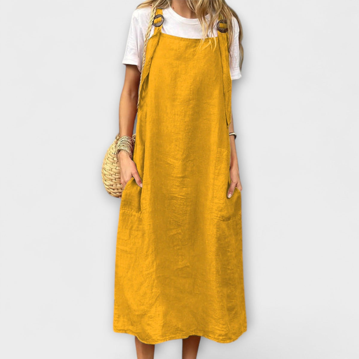 Silje - Oransje Leinen-Trägerkleid