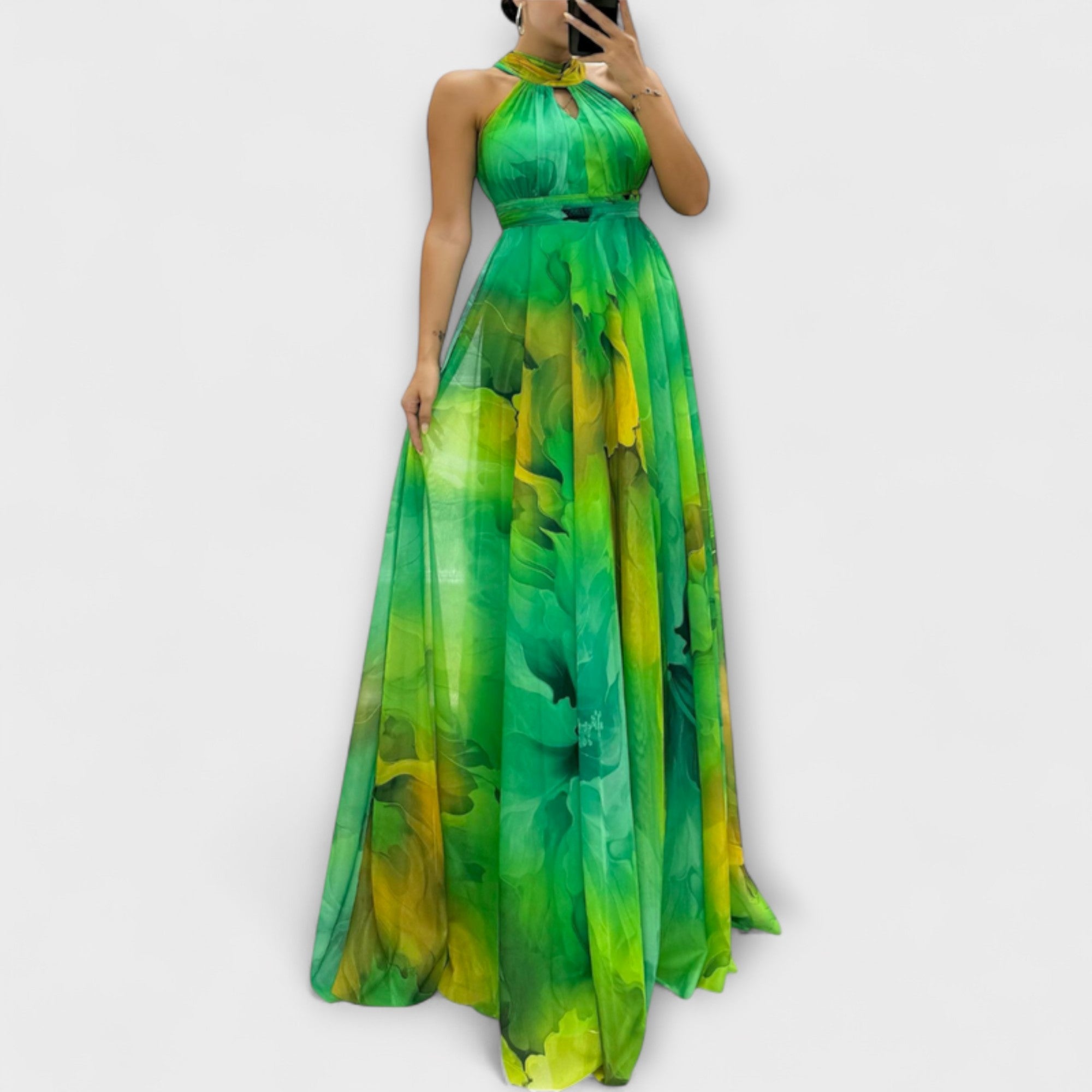 Hildborg - Rosa Chiffon lang kjole med Blomstermønster