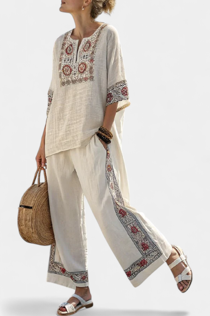 Anne - Beige middelhavssett med broderi