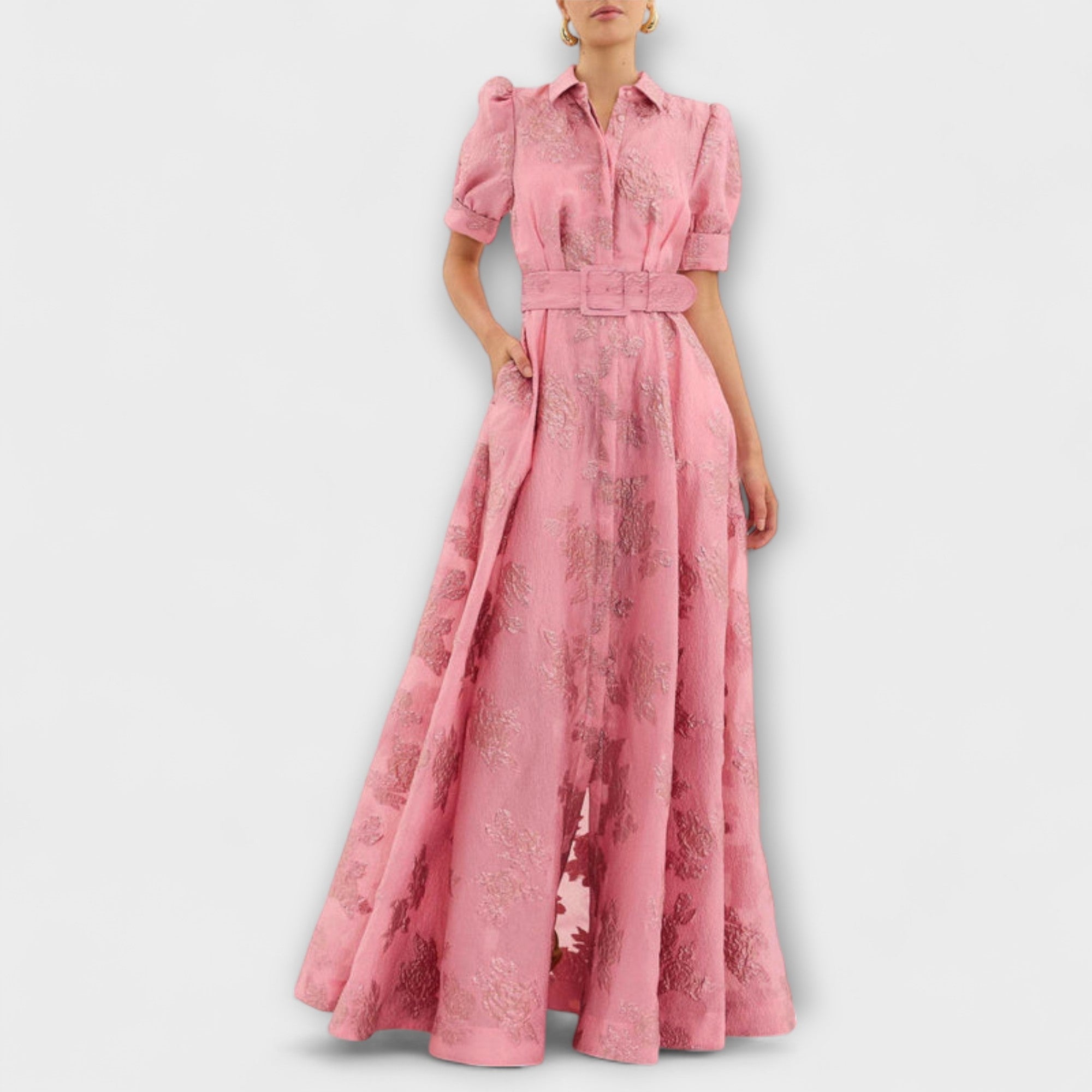 Ronja - Rosa Lang kjole med korte puffermer