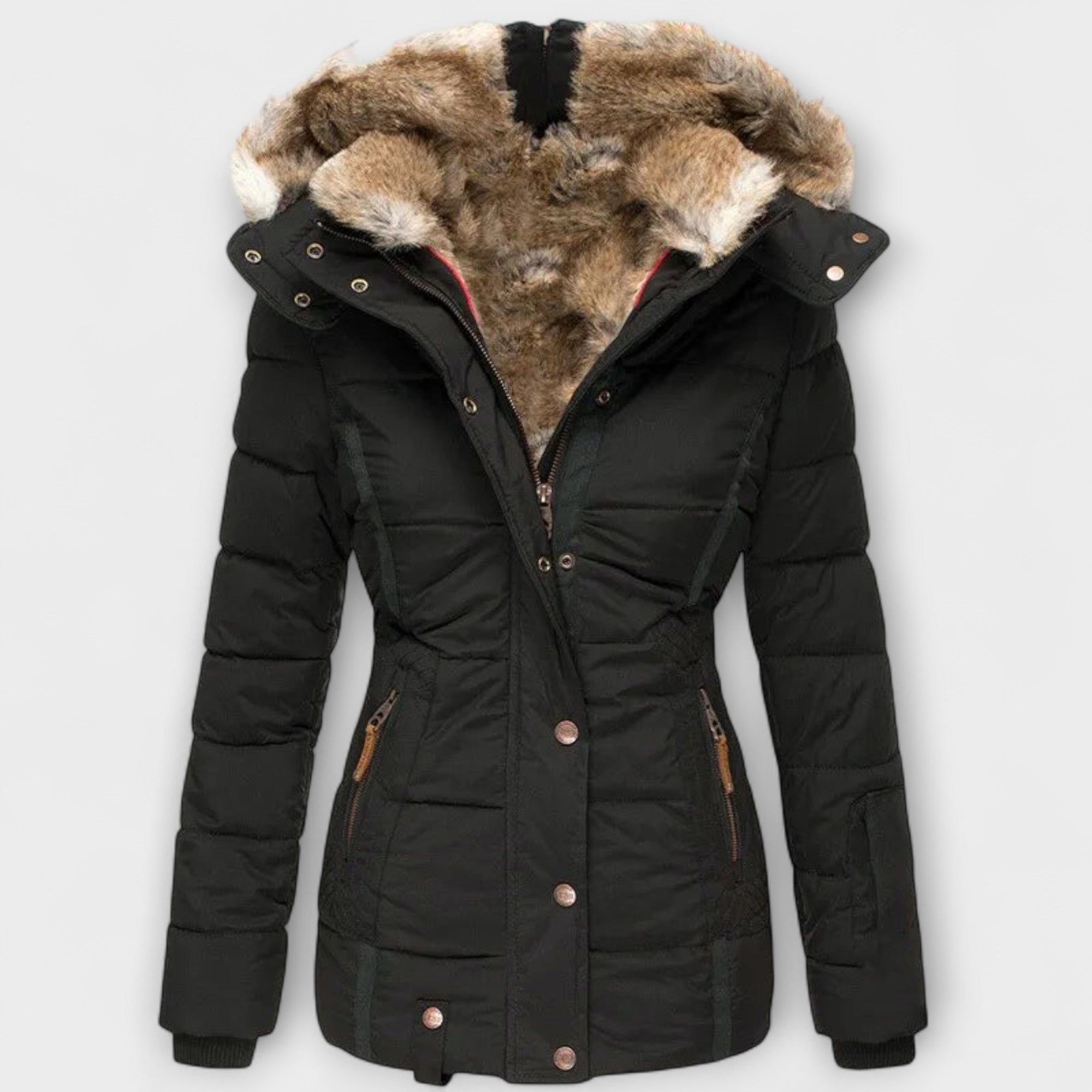 Aud - Svart elegant damejakke med pelshette