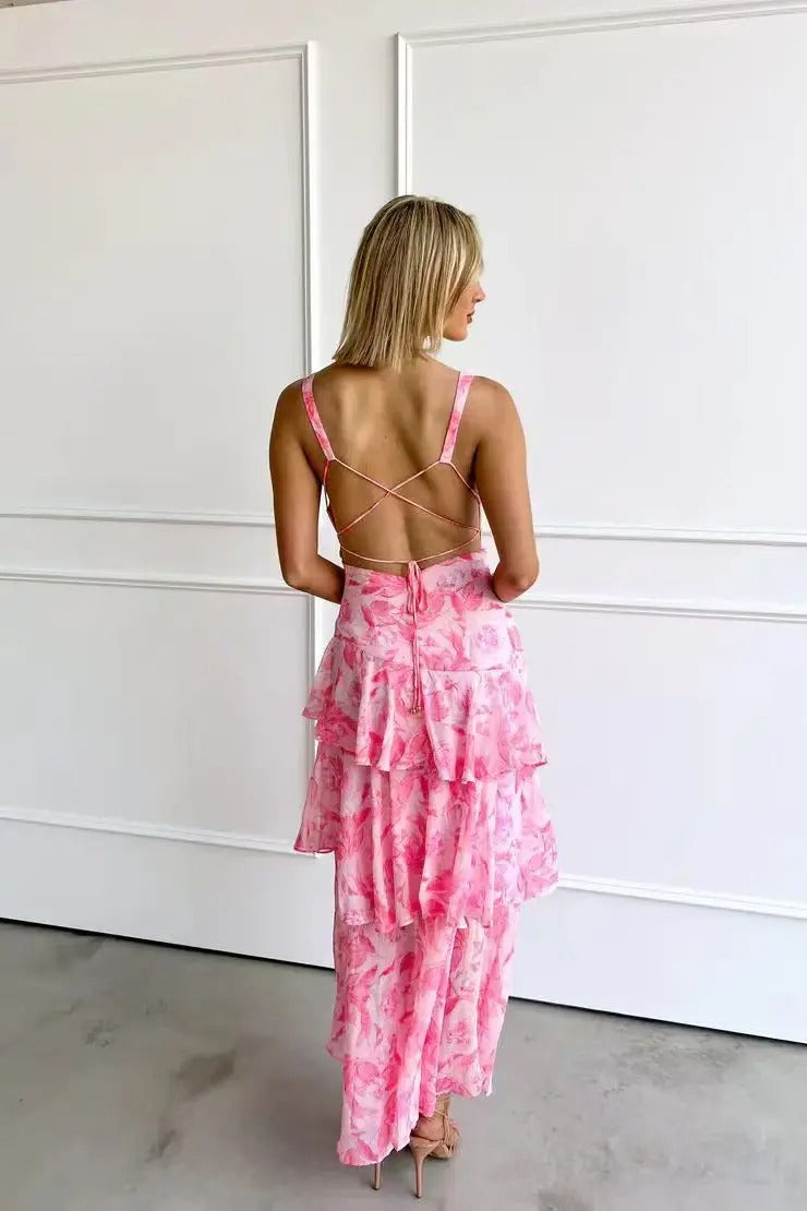 Signe - Rød elegant langkjole med blomster