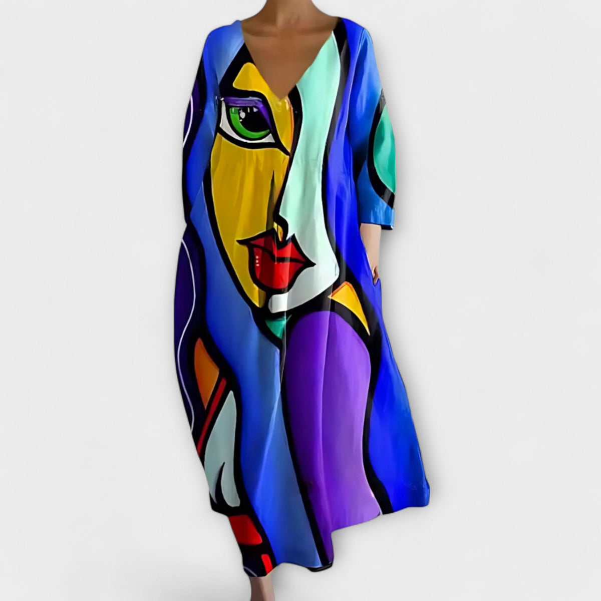 Kari - Lang fargerikt kjole med V-hals