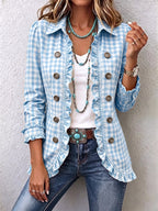 Evelyn | Gingham Ruffled Button-Down Jacket