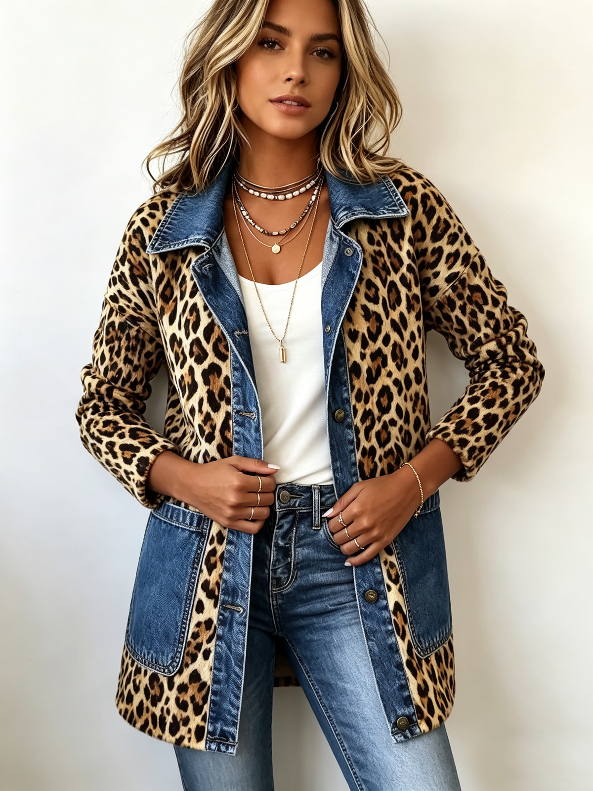Malin | Leopardmønstret langjakke med denim