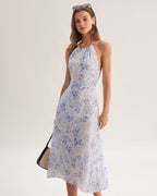 Hilde - Blå knelang kjole med blomstermønster